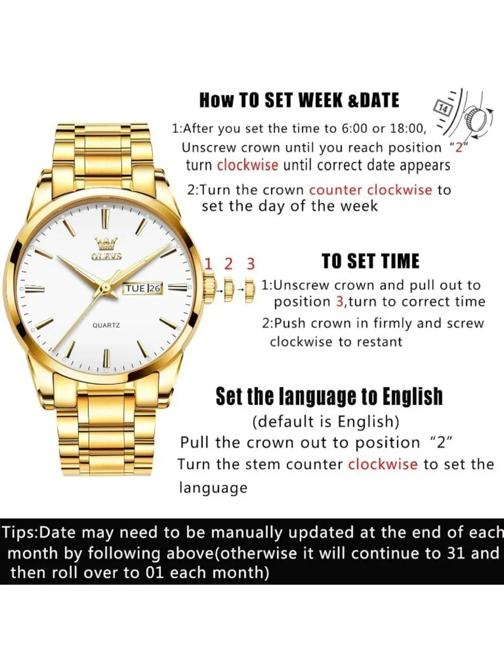 Men's Gold White Stainless Steel Luminous Quartz Waterproof Round Classic Watch